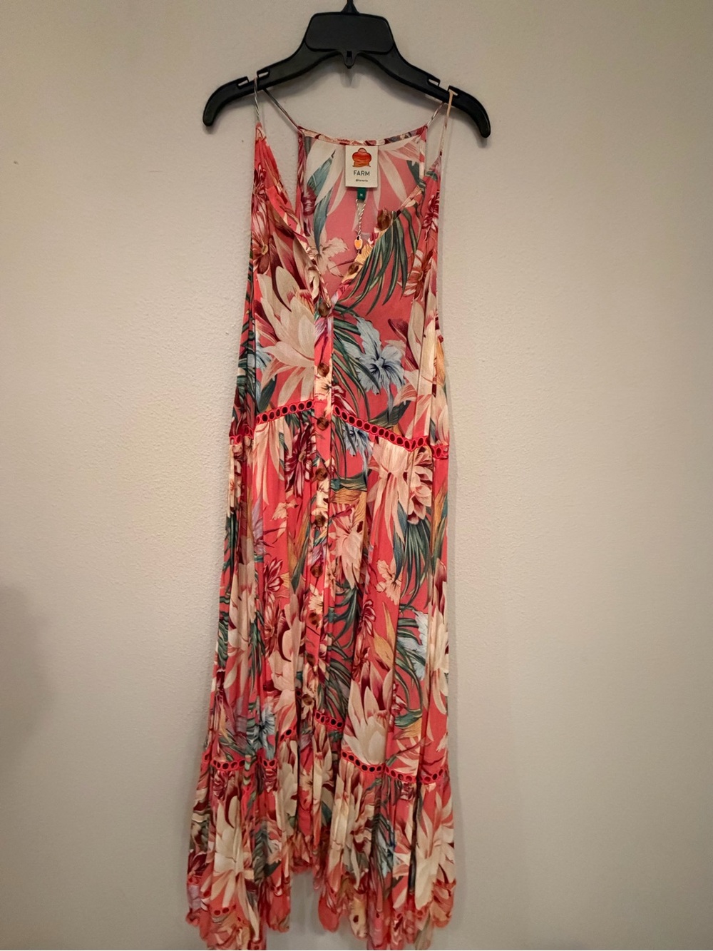NWT!! FARM Rio Coral Tropical Floral Maxi Dress with Green Accents